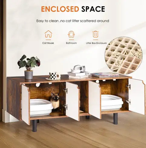 Cat Litter Box Enclosure For 2 Cats, Double Hidden Litter Box Furniture Large Cat Washroom, Indoor Cat House Cabinet TV Stand End Table, White Vintage