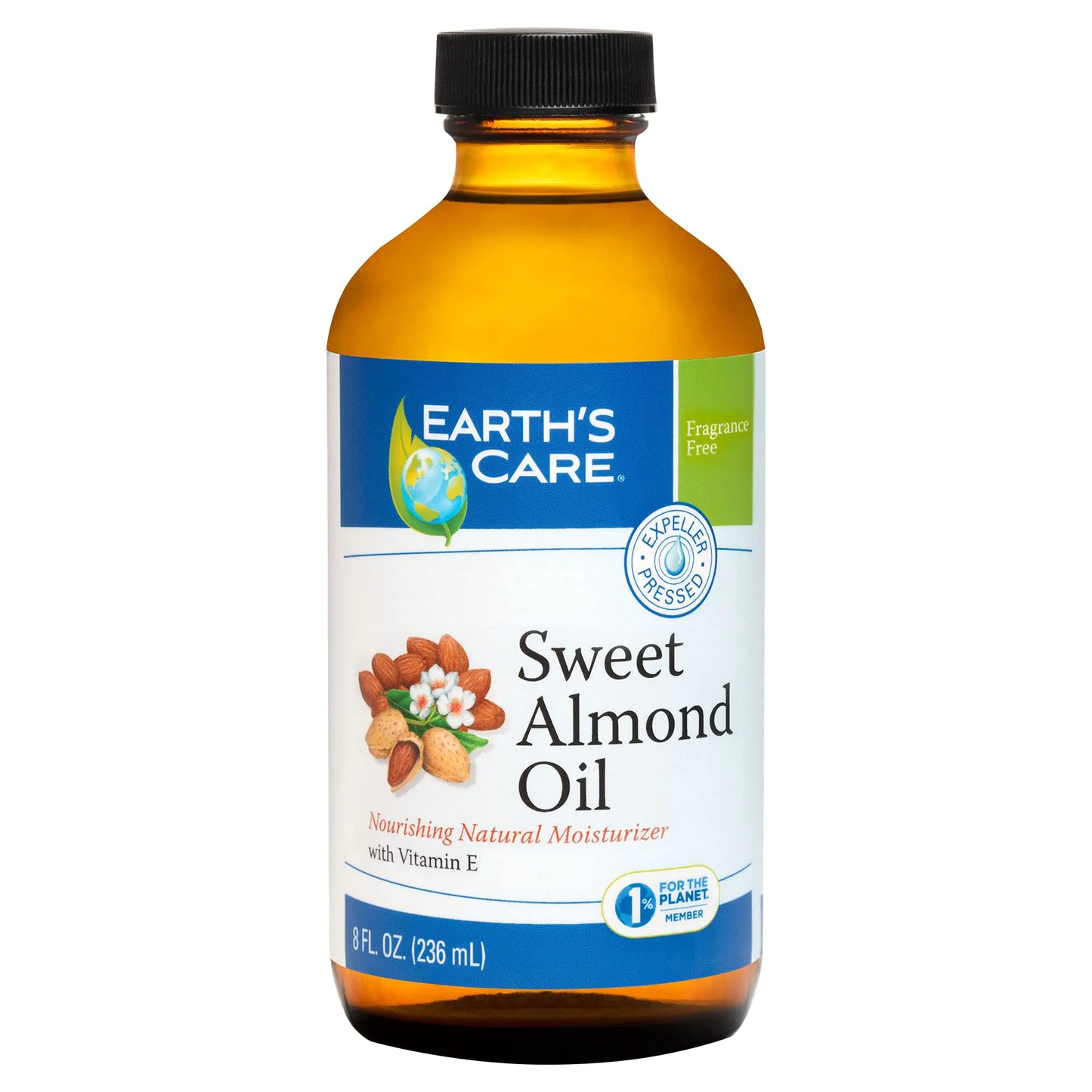 Earth’s Care Sweet Almond Oil - Expeller Pressed Almond Oil for Skin and Hair Glass Bottle 8 FL. OZ.