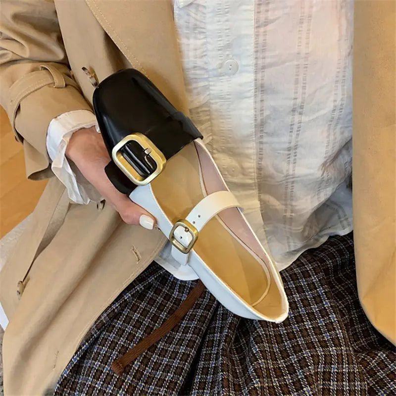 Colorblock Square Toe Mary Jane Cowhide Flat Shoes