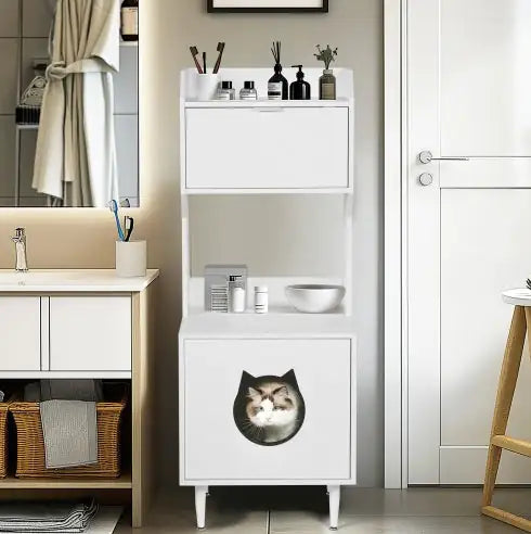 Litter Box Enclosure With Shelves And Doors White Wooden Hidden Cat Litter Box Furniture Industrial Indoor Cat House Washroom Pet Crate Storage Cabinet