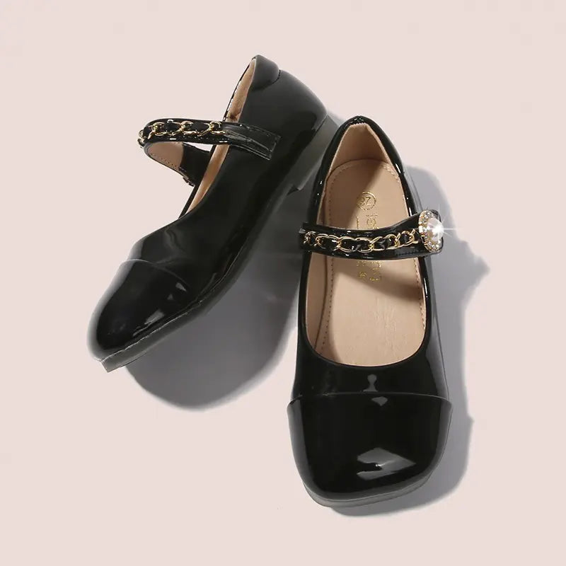 Kids Leather Mary Jane Flat Shoes with Pearl Chain
