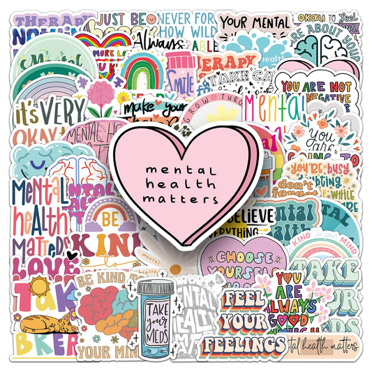 Mental Health Stickers 100PCs Mental Health Matters Awareness Stickers Vinyl Decals Laptop Water Bottle Stickers for Hydro Flask Therapist Doctor Reward Gift Stickers for Kid Patient[Mental100]