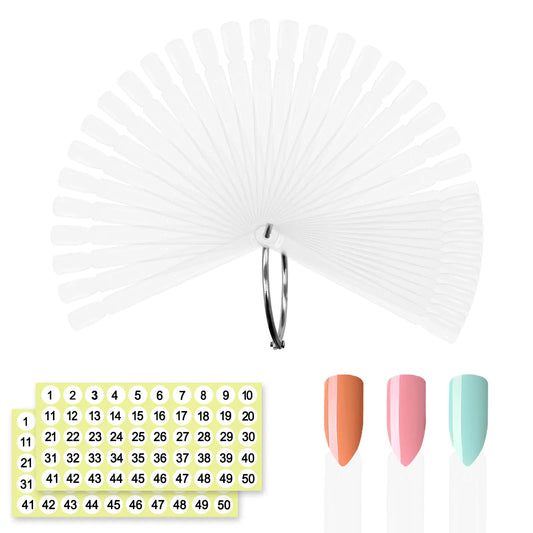 SIUSIO 50 Pcs Square Nail Swatch Sticks with Metal Split Ring and Numbered Tips - Clear Fan-shaped Color Display for Nail Art Polish Practice