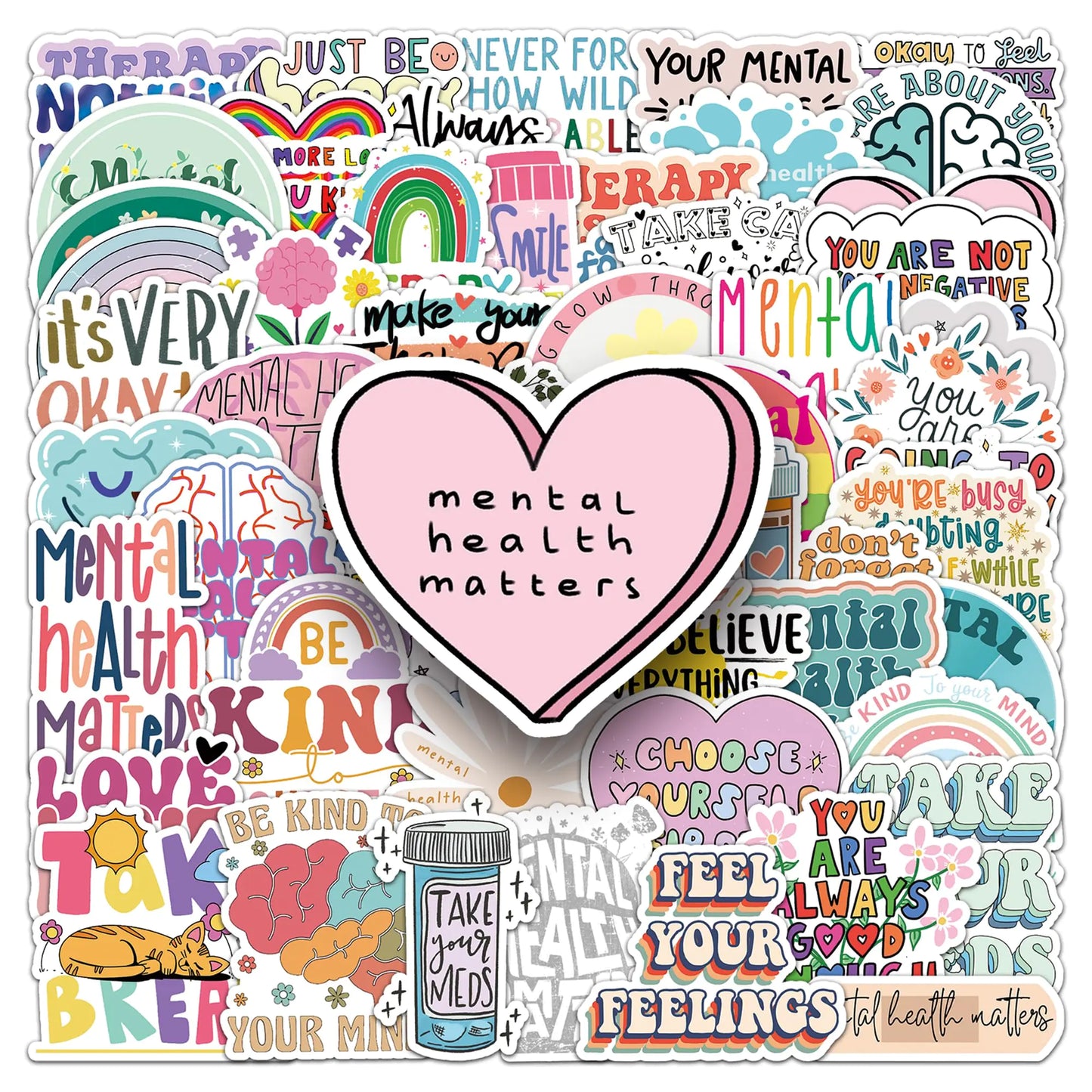 Mental Health Stickers 100PCs Mental Health Matters Awareness Stickers Vinyl Decals Laptop Water Bottle Stickers for Hydro Flask Therapist Doctor Reward Gift Stickers for Kid Patient[Mental100]