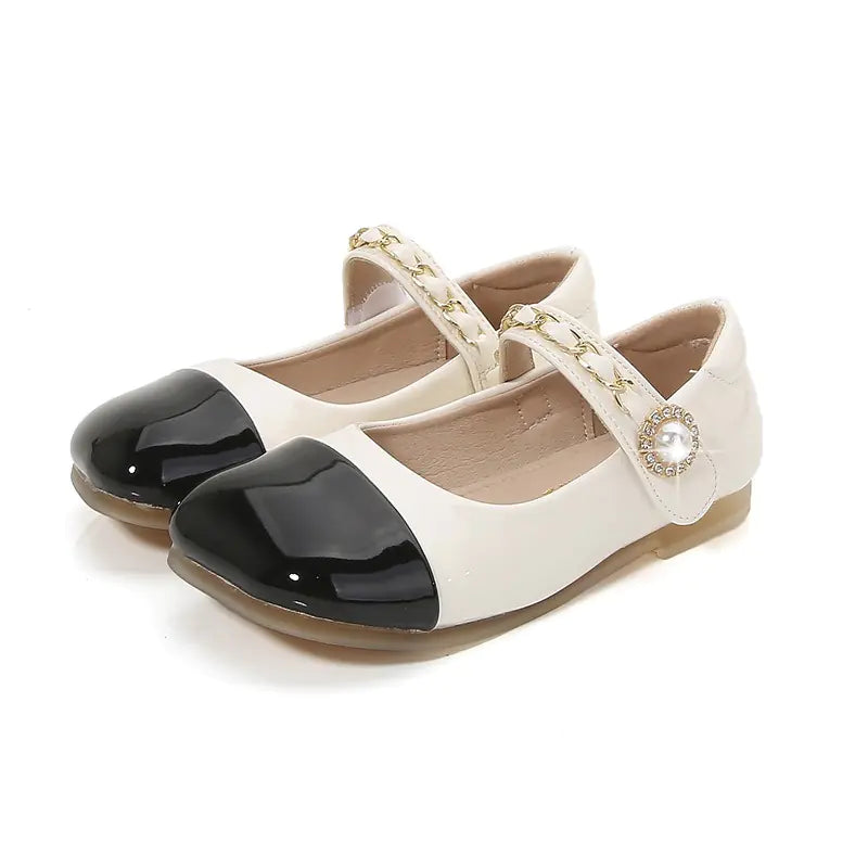 Kids Leather Mary Jane Flat Shoes with Pearl Chain