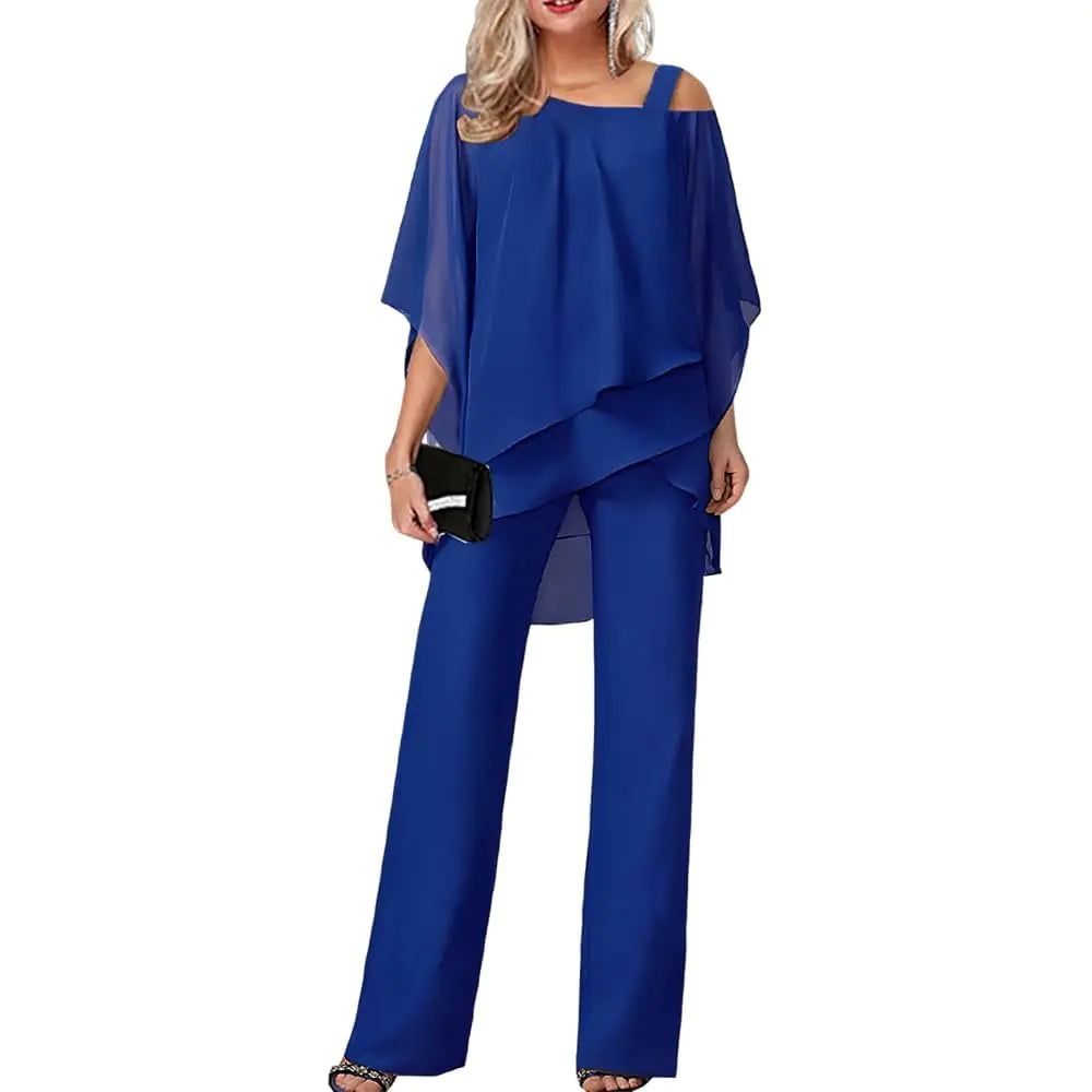 Blue Pants Sets for Womens 2 Piece Outfits Flowy Hem Tops Wide Leg Dressy Pant Suits Casual Irregular Chiffon Pantsuit