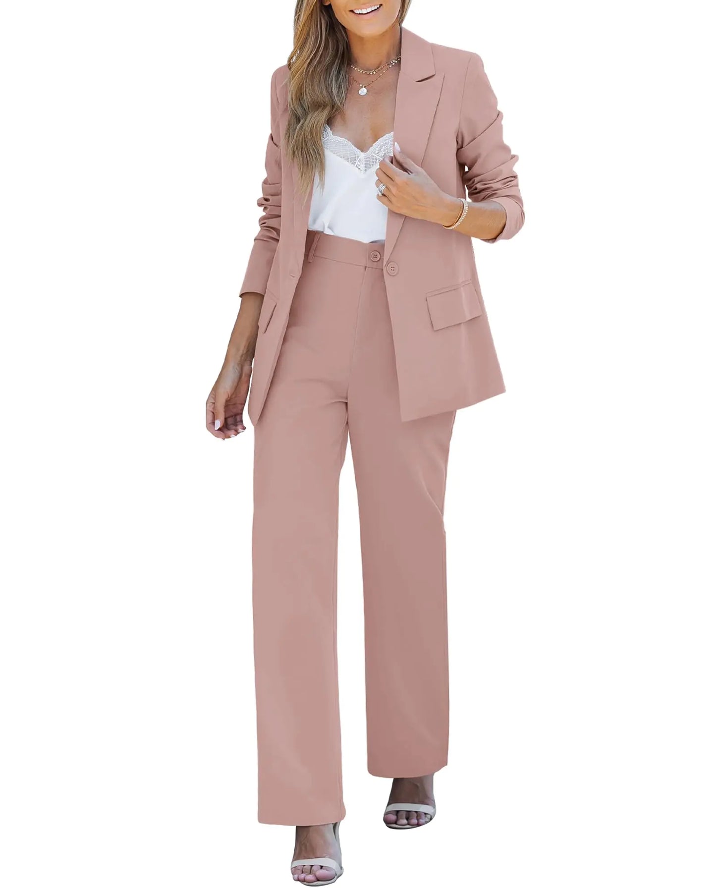 LookbookStore 2 Piece Pant Suits for Women Dressy Blazer High Waisted Straight Leg Pants Sets Dressy Outfits for Women 2024 Misty Rose Size X-Large