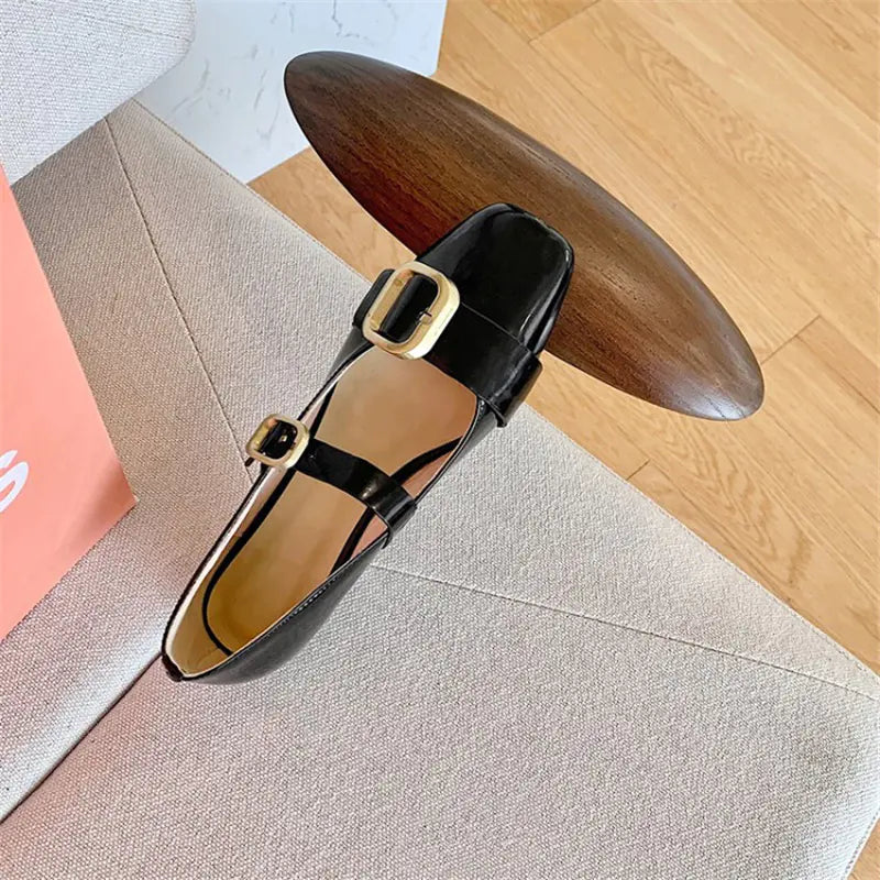 Colorblock Square Toe Mary Jane Cowhide Flat Shoes